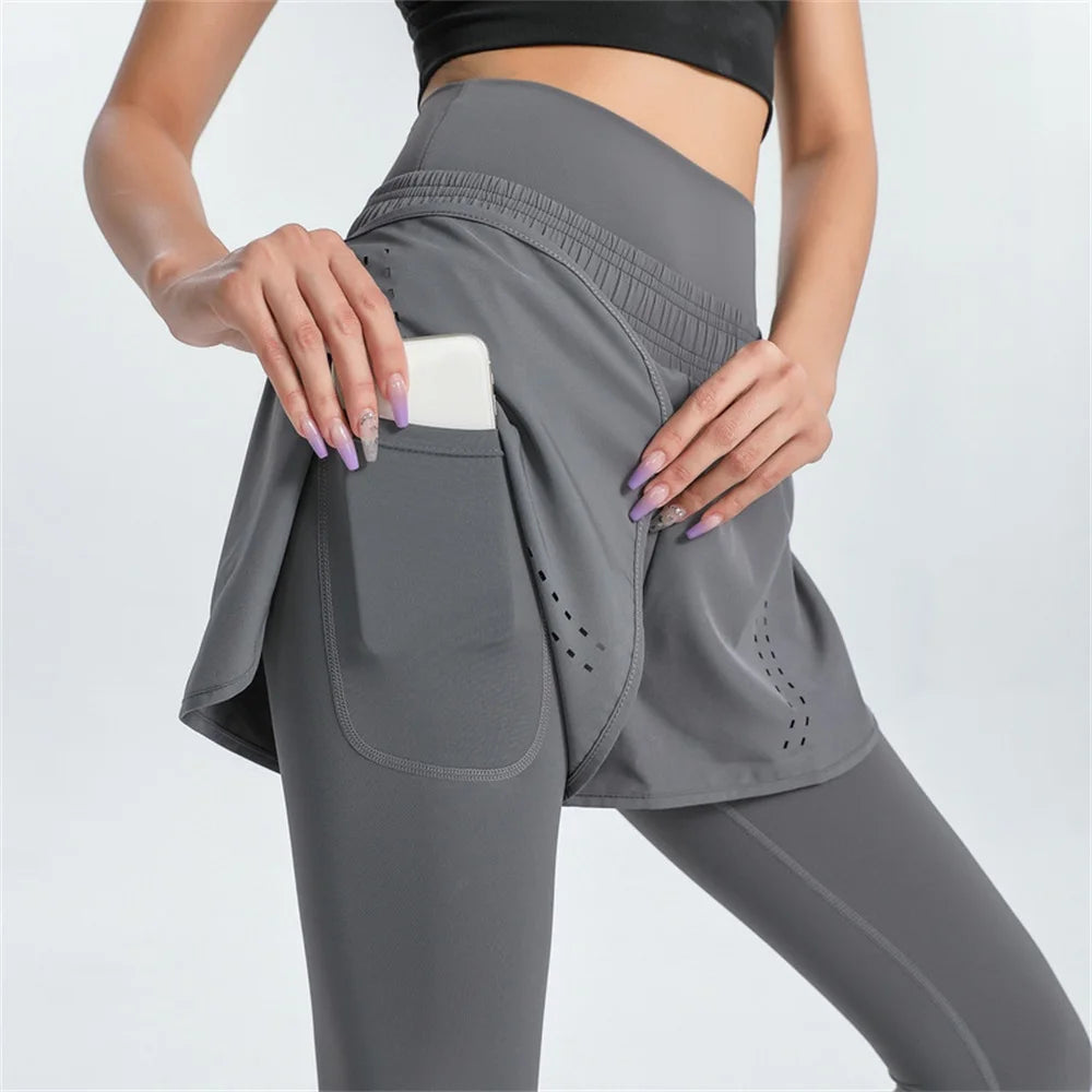 Seamless Fitnes Sports Yoga Pants Drawstring Strap Half Length Skirt Nine Point Squat Proof Leggings Women with Pockets Trousers